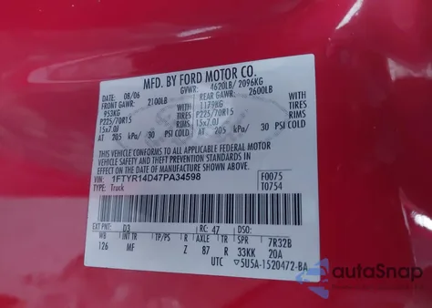 2007 Ford Ranger Stx/Xl/Xlt from USA, damaged, VIN 1FTYR14D47PA34598